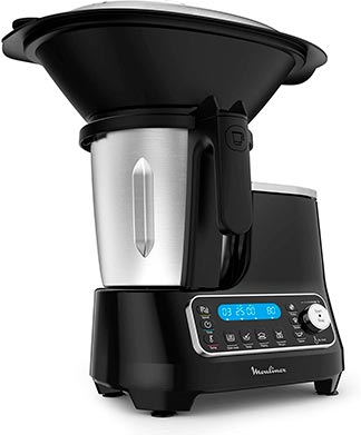 Robot de cocina gris y negro con pantalla iluminada