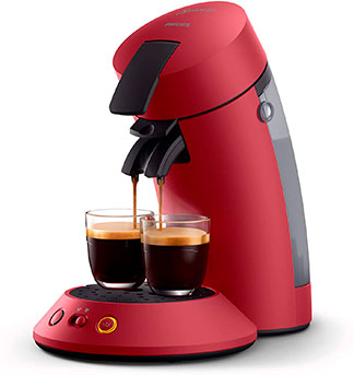Cafetera de cápsulas roja haciendo dos cafés