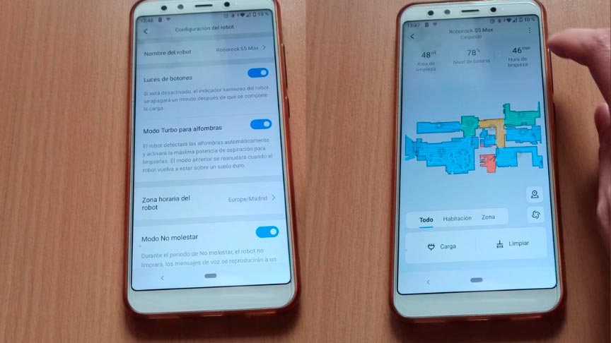 teléfonos móviles mostrando la aplicación del Roborock S5 Max
