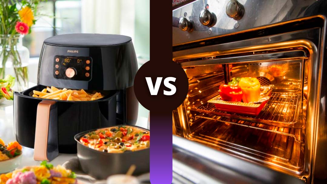una de las freidoras de aire frente a uno de los hornos mostrando algunas de sus diferencias
