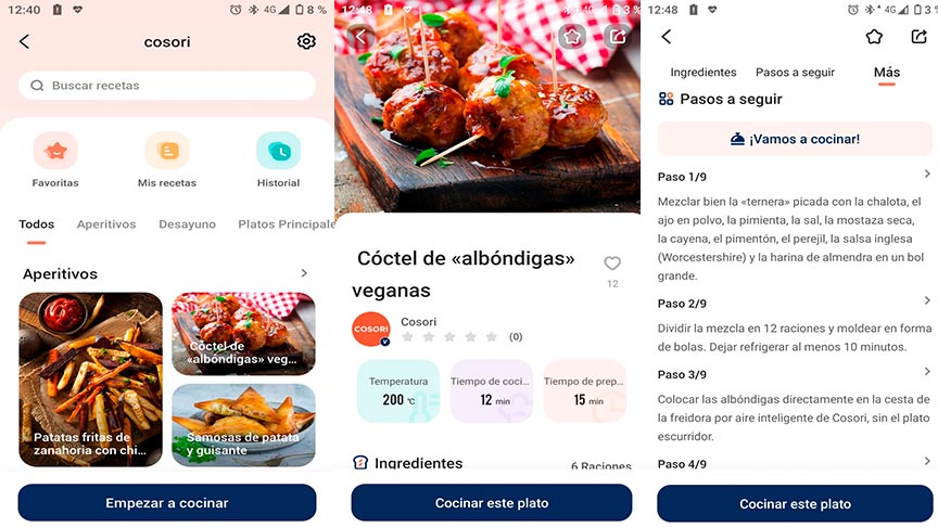 algunas de las opciones de la aplicación Cosori