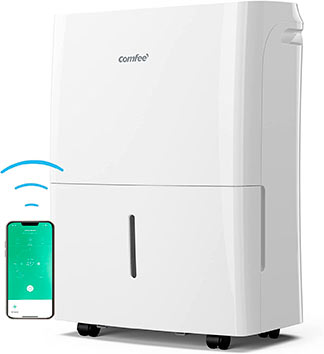 Deshumidificador blanco de la marca Comfee junto a un smartphone