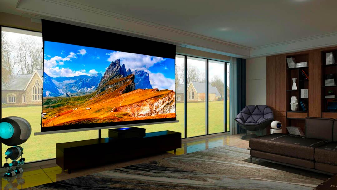 pantalla para proyector en el salón con vistas al jardín