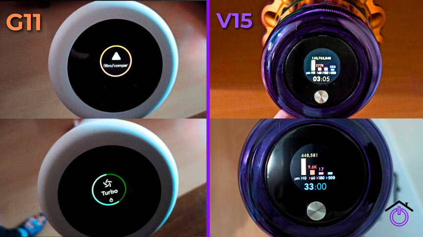 comparando pantallas aspiradoras escoba sin cable Dyson V15 vs Xiaomi G11