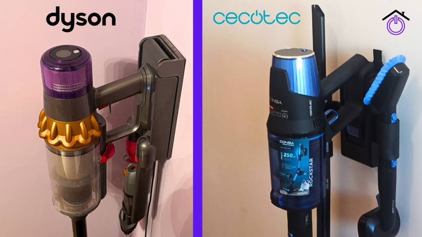 aspiradoras sin cable Dyson V15 y Conga Rockstar 8500 cargándose en sus estaciones de carga