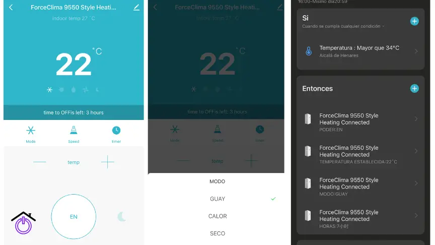 pantalla aplicación móvil forceclima 9550 style