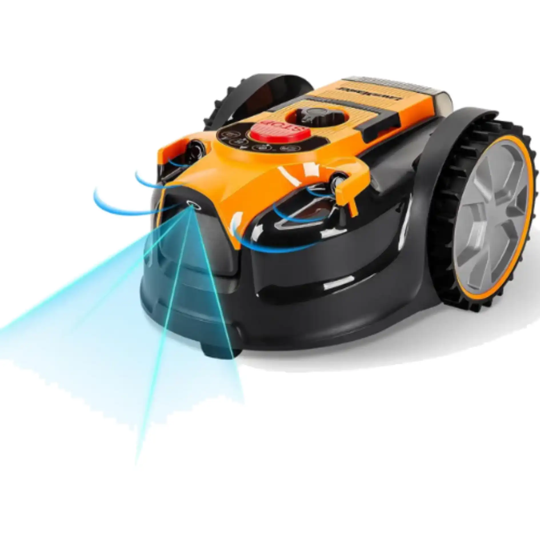 robot cortacésped lawnmaster naranja y negro
