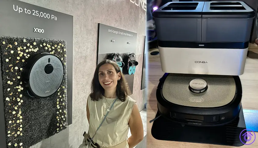 Silvia Jiménez CEO Hogarsys con los robots Conga en el evento de Cecotec