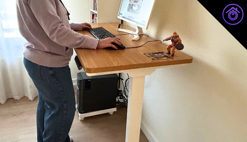 mujer trabajando de pie con el escritorio elevable Flexispot