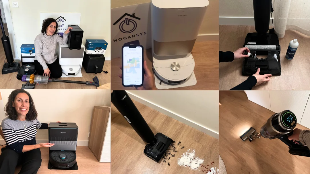 Silvia Jiménez y pruebas reales de productos para el hogar en Hogarsys, con robots aspiradores, aspiradoras sin cable y estaciones de limpieza probadas en casa.