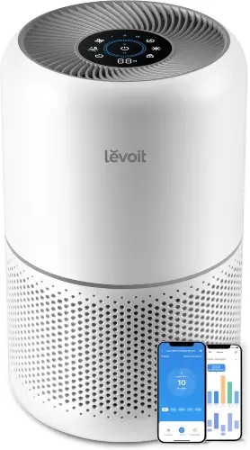 purificador de aire levoit en blanco con botones y app