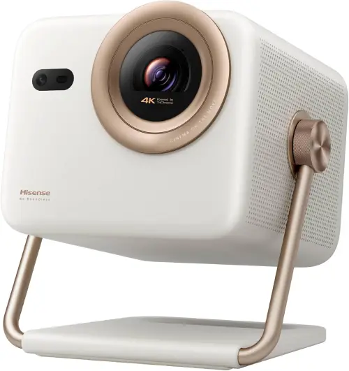 proyector hisense portail con pie en blanco y dorado