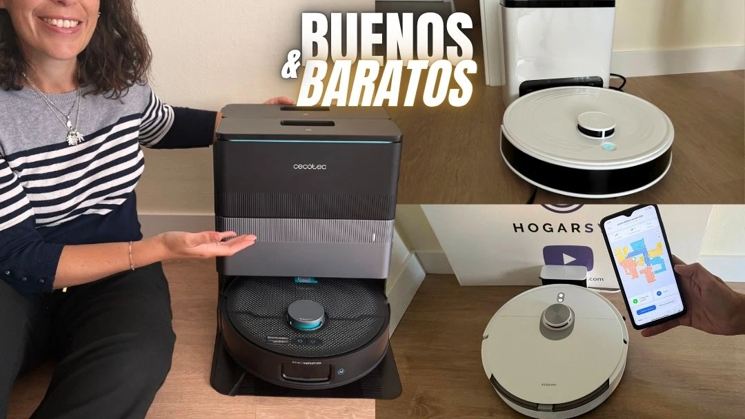Collage de Silvia Jiménez junto a los robots aspirador baratos probados en casa